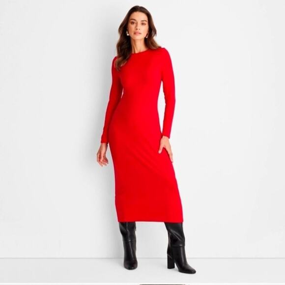 A New Day Dress Size Small Red Ribbed Stretchy Modal NEW Bodycon Midi - Picture 1 of 8